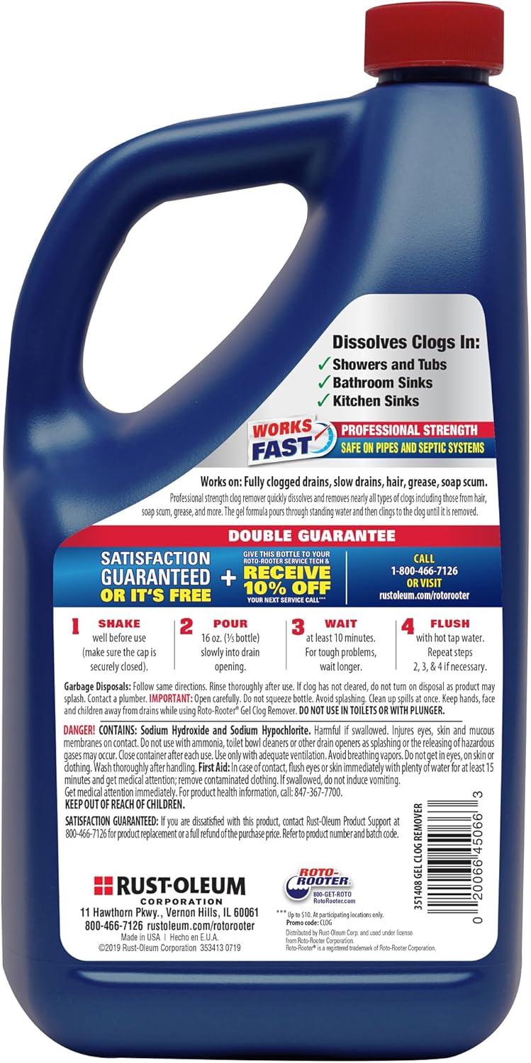 image:imageRotoRooter Gel Clog Remover Drain Cleaner Thick Gel Helps Clear Slow Drains and Break Down Hair Grease and Soap Buildup Suitable for Pipes Toilets Showers and Sinks 80 oz80 Ounces